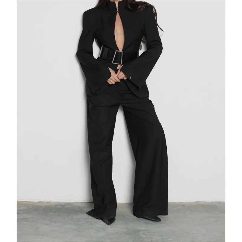 

Elegant Blazer Women 2026 Full Sleeve Shoulder Pads Cinched Waist Suit Jacket Lady Evening Dinner Robe Sexy Solid Hollow Coat