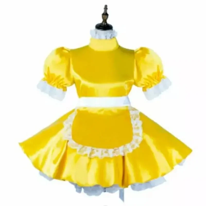 Halloween boutique sissy girl yellow satin lockable dress cute maid cosplay tailored for transgender people