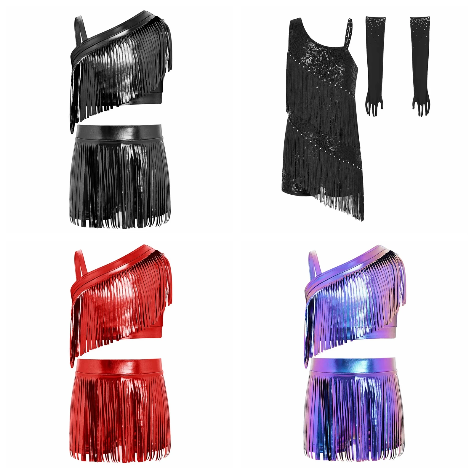 

Fringed Jazz Latin Dance Outfit For Girls Sparkly Sequins Cha-cha Dance Costume Rumba Tango Tassel Dancewear Kids Skirts Suits