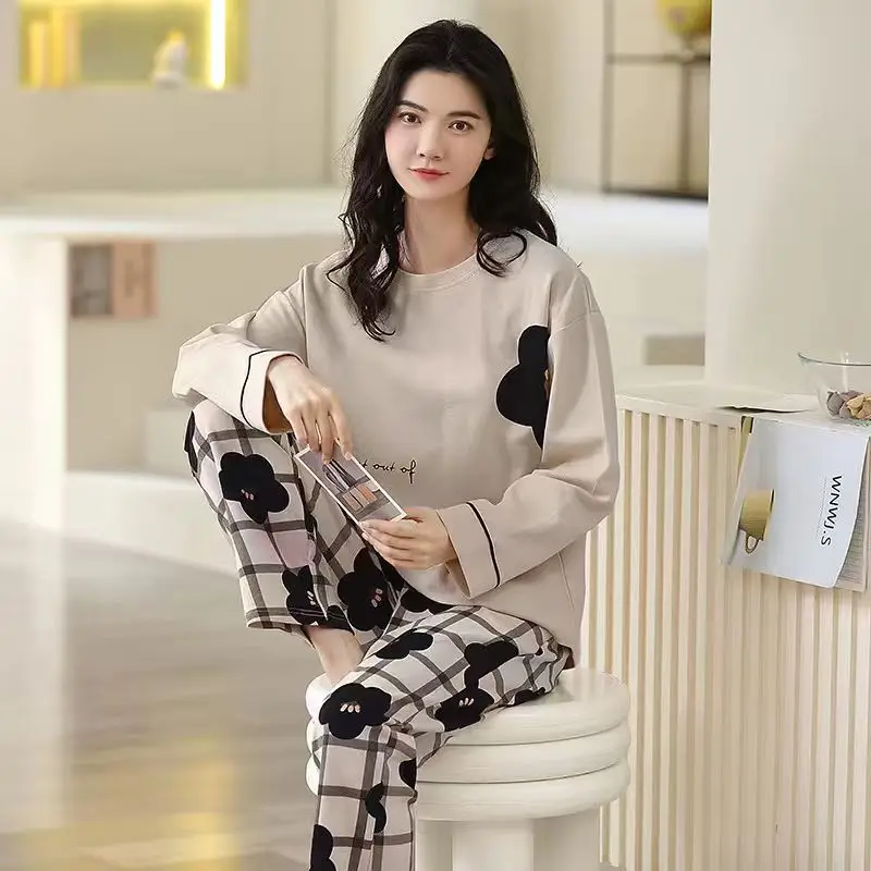 New Women's Spring/Fall Long-Sleeve, Long-Pants, Sweet, Loose-Fitting, Cartoon-Printed, Plus-Size, Round-Neck Loungewear Set