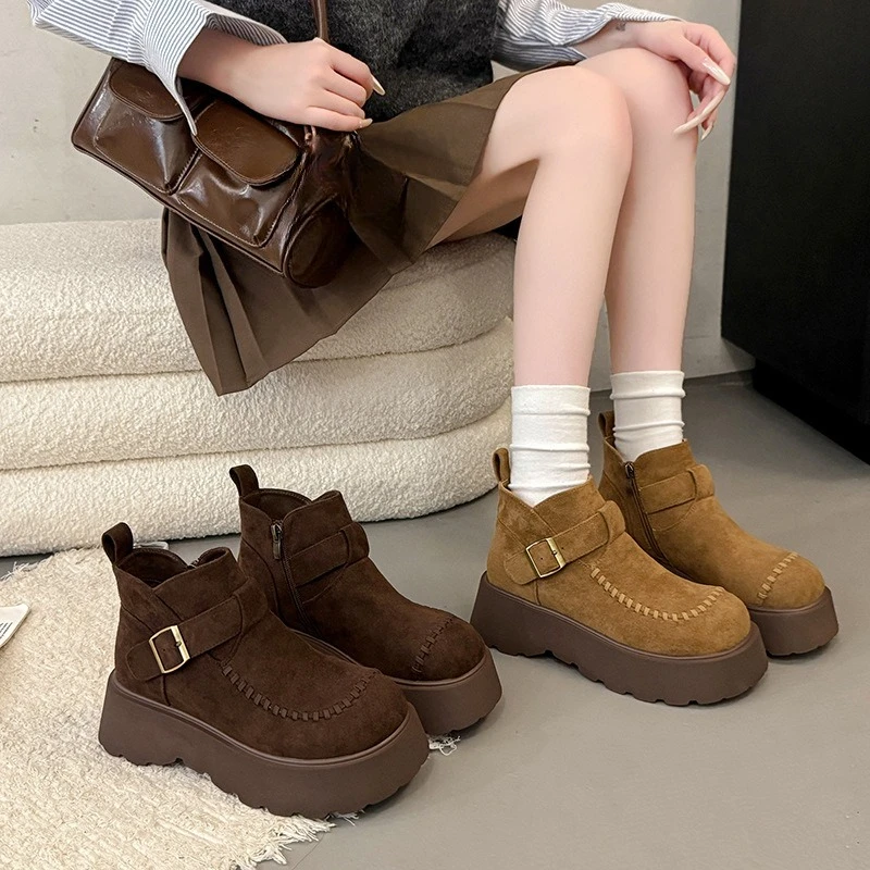 

Thick-soled women's ankle boots 2025 new autumn and winter, brown boots, petite height-increasing snow boots for women，35-40