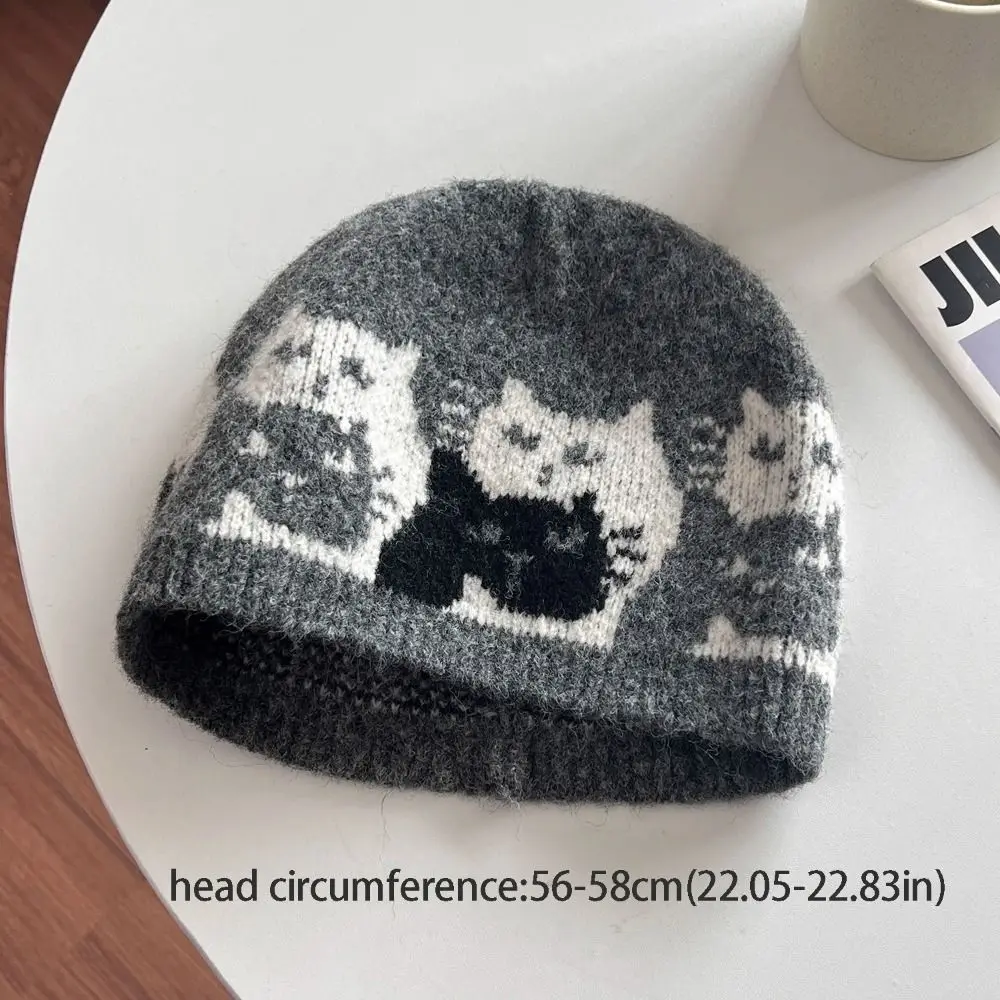 Sweet Warm Jacquard Cat Knitted Hat Printed Wool Jacquard Pattern Beanies Korean Retro Printing Knit Cap Apparel Accessories