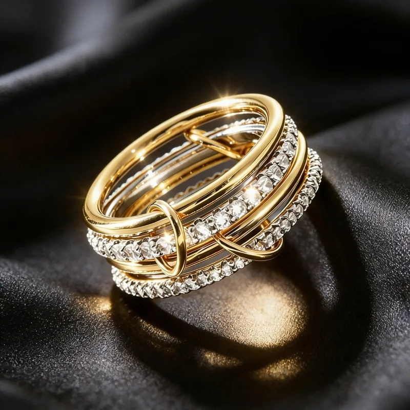 European and American light luxury full diamond ring women's two-color interlocking fashion personalized ring cross-border