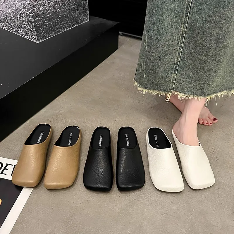 Square Toe Loafers Shoes Woman 2024 Slippers Flat Female Mule Low Pantofle Luxury Slides Cover Mules New Summer Designer Soft Re