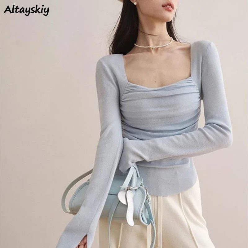 T-Shirts Women Spring Girls French Fashion Solid Simple Leisure Tops Pleated Designed Ulzzang Inner Wear Square Collar Abdomen