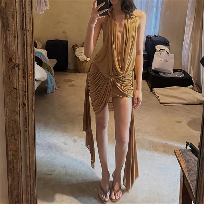 OMSJ Halter Ruched Irregular Backless Summer Sleeveless Trendy Bodycon Loose Maxi Dress Women Y2k Sexy Elegant Party Vestidos