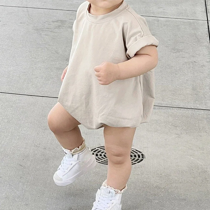 New Baby Boy Girl Solid Color Short Sleeve Bubble Romper Tops Casual Summer Baby Bodysuit Jumpsuits Clothes 0-24M