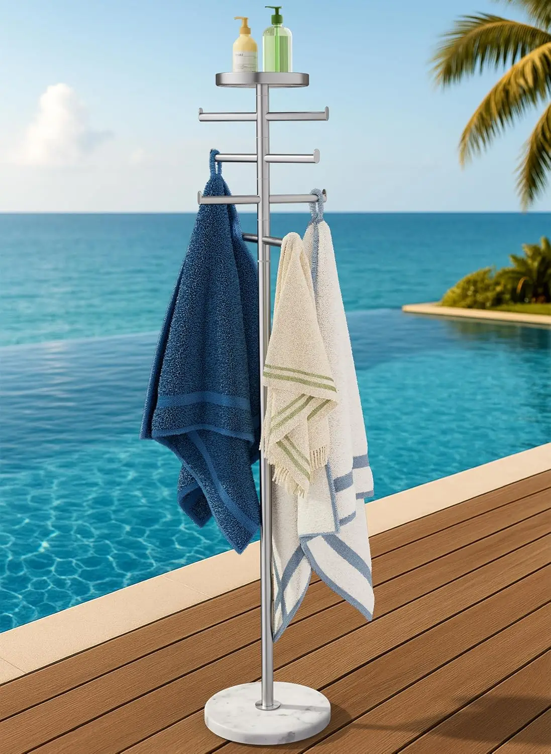 Toallero de piscina exterior de mármol natural con 360 ° Brazo ajustable y base de peso adicional, 59 pulgadas para uso en piscinas y jacuzzi