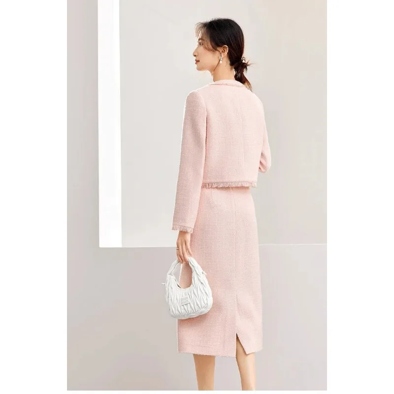 Women Pink Tweed Two Piece Set Fringe Trim Crop Jacket Midi Pencil Skirt Outfit