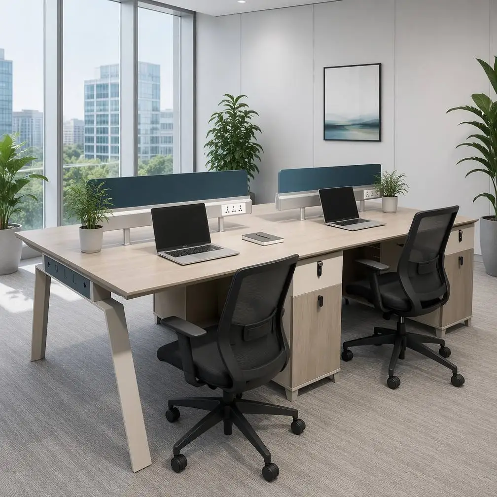 Dual Person Modular Contemporary Wood Grain Office Workstation Desk Privacy Partition Power Socket Hub Storage Easy Assembly