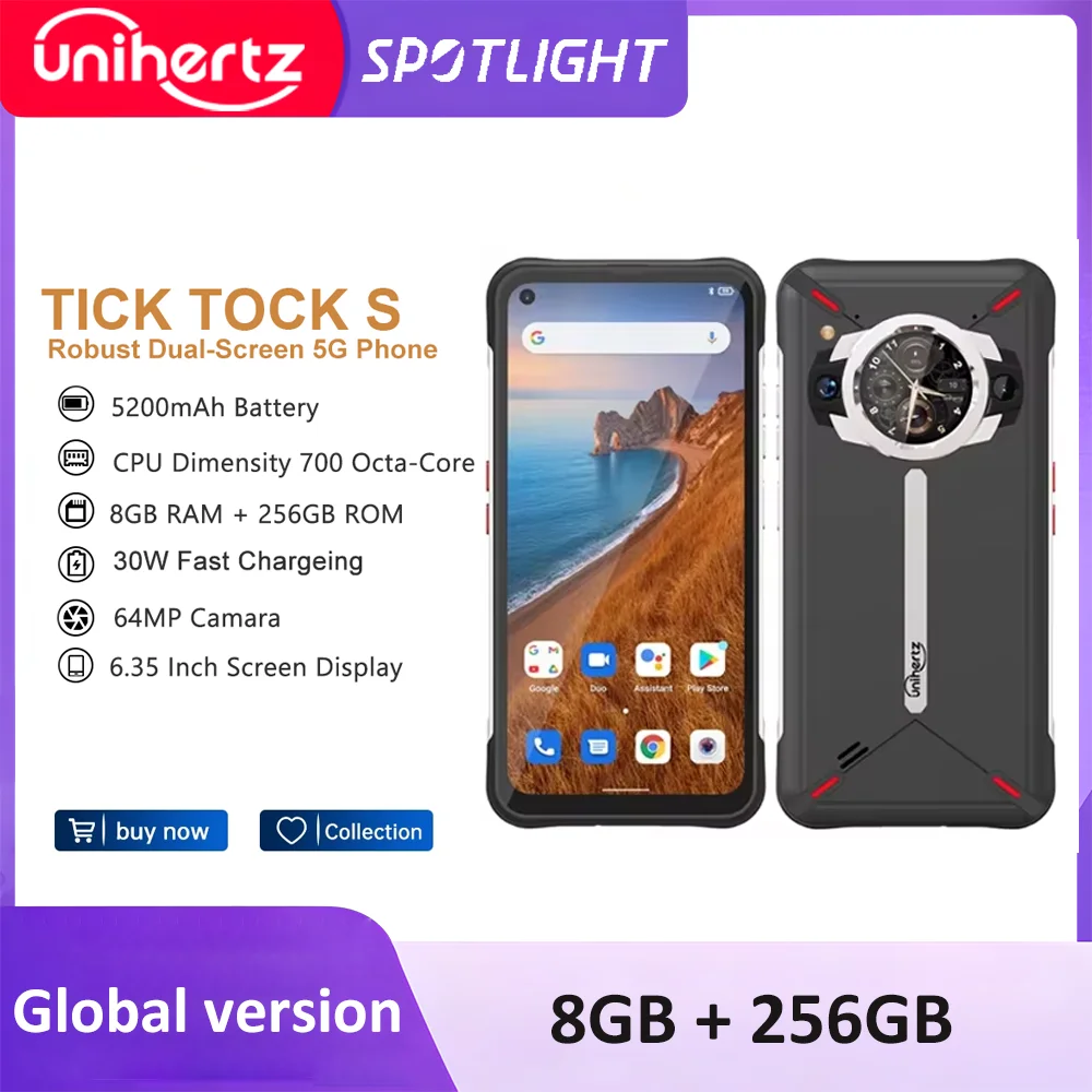 Unihertz-Smartphone Ticktock S, téléphone portable robuste, 5G, 8 Go, 256 Go, 5200mAh, appareil photo 64MP, 30W, écran 6.53 ", taille variable 700