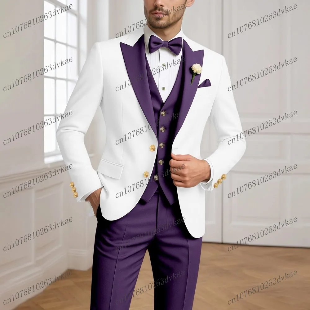 

Бело-фиолетовый мужской костюм для свадьбы, вечеринки, торжественных мероприятий, жениха, шафера, выпускного, деловых встреч, мужской смокинг, комплект из 3 предметов: пиджак, жилет, брюки