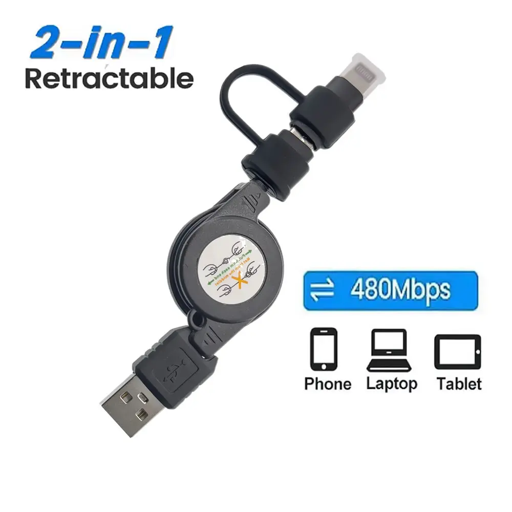 2 in 1 Portable Charging Data Sync Cord For iPhone 15 14 13 Plus Pro USB Type C Retractable Cable For Android Phone and More