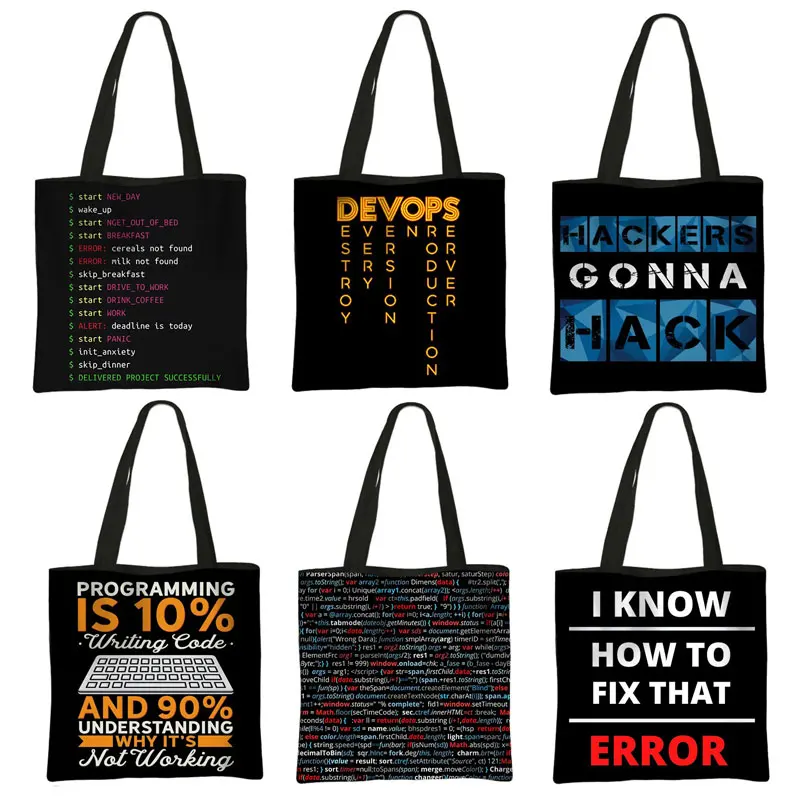 

Funny Programmer Coding Programming Casual Tote Bags DEVOPS Women Handbags Computer Nerd Geek Shoulder Bags for Travel Beach Bag