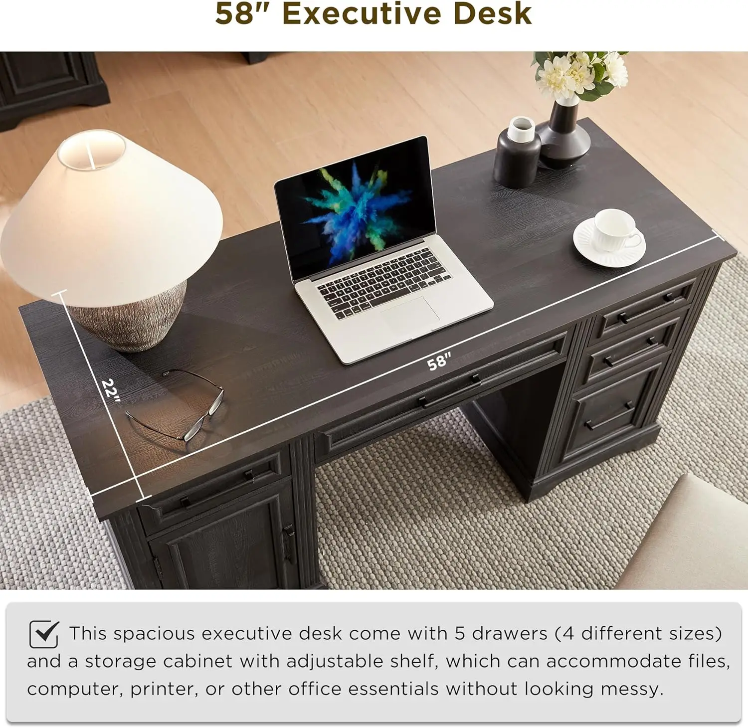 58 inch large computer desk with drawers, embossed textured home desk, work study writing workspace