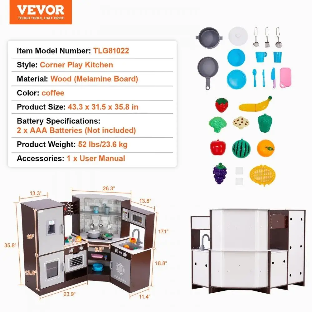 Ensemble de jeu de cuisine marron pour enfants, jouet de cuisine semblant, accessoires, 24 pièces