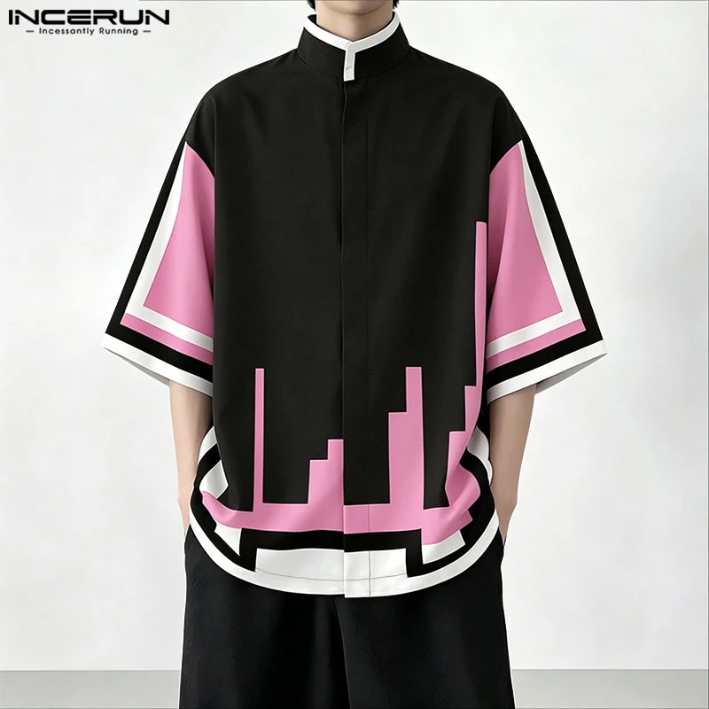 INCERUN Men's Shirt Summer Oversize Korean Style Stand Collar Half Sleeve Men Clothing Streetwear 2026 Printing Casual Male Tops