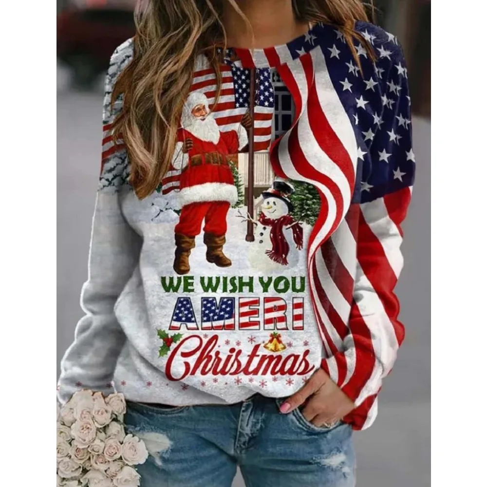 المرأة البلوز البلوز عيد الميلاد البلوز الرسم ثلج سانتا كلوز ندفة الثلج عارضة الشارع الشهير س الرقبة طويلة الأكمام أعلى #1