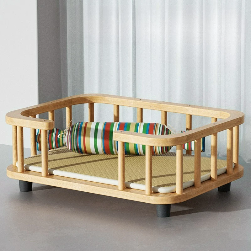 Lit pour chat en bois massif, niche, lit de camp, lit de sol, lit pour chat avec clôture, coussin épais amovible et lavable pour grand chien