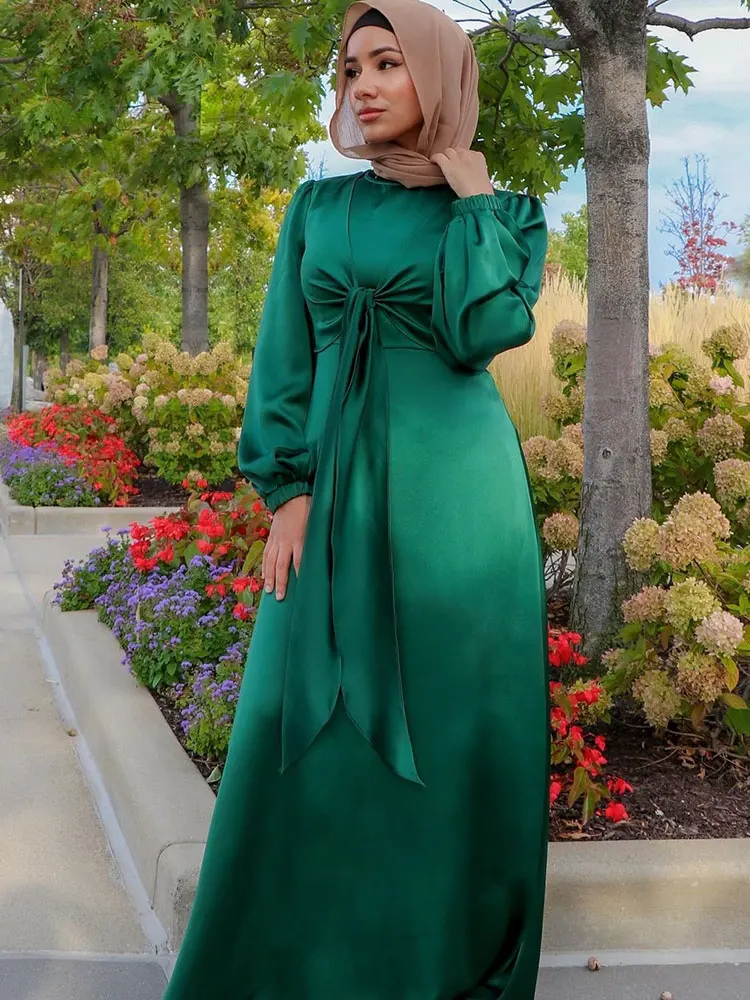 Vestido largo musulmán de satén Abaya para mujer, elegante Hijab envolvente frontal con cinturón, vestidos modestos para fiesta árabe Islam Turquía