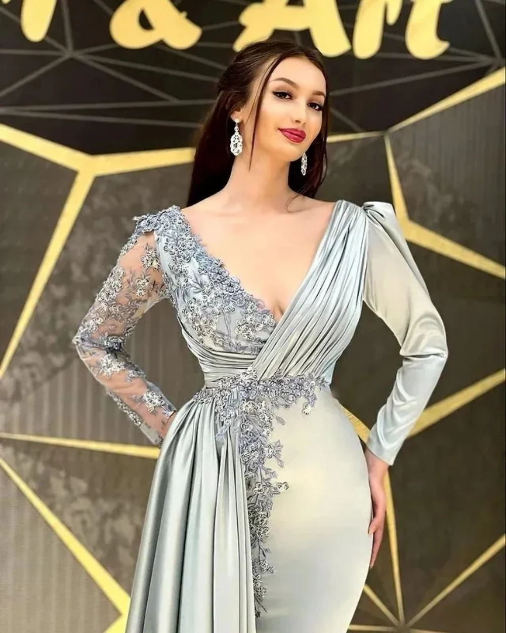 Sexy Long Evening Dresses V Neck Silver Satin with Lace Beaded Full Sleeves Mermaid Sweep Train Custom Made Party Gowns