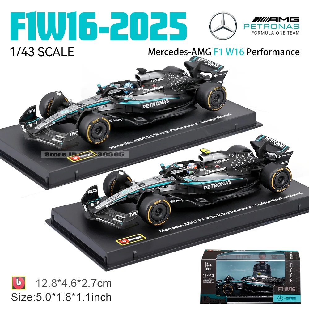 Bburago 1:43 F1 Mercedes-AMG 2025 W16 # 63 George Russell # 12 Kimi Antonelli SF25 RB21 Legierungsauto-Modell aus Druckguss, Sammlerstück – Detail 1