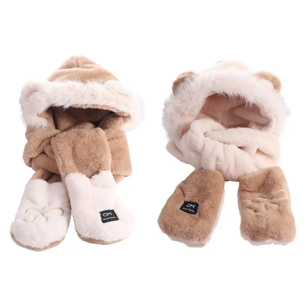 หมวกไหมพรมปักลายหูหมีน่ารัก พร้อมที่ปิดหู ผ้าพันคอ ถุงมือ สำหรับผู้หญิง สไตล์ลำลอง อุ่นสบาย ชุดหมวกผ้าขนสัตว์สำหรับฤดูหนาว