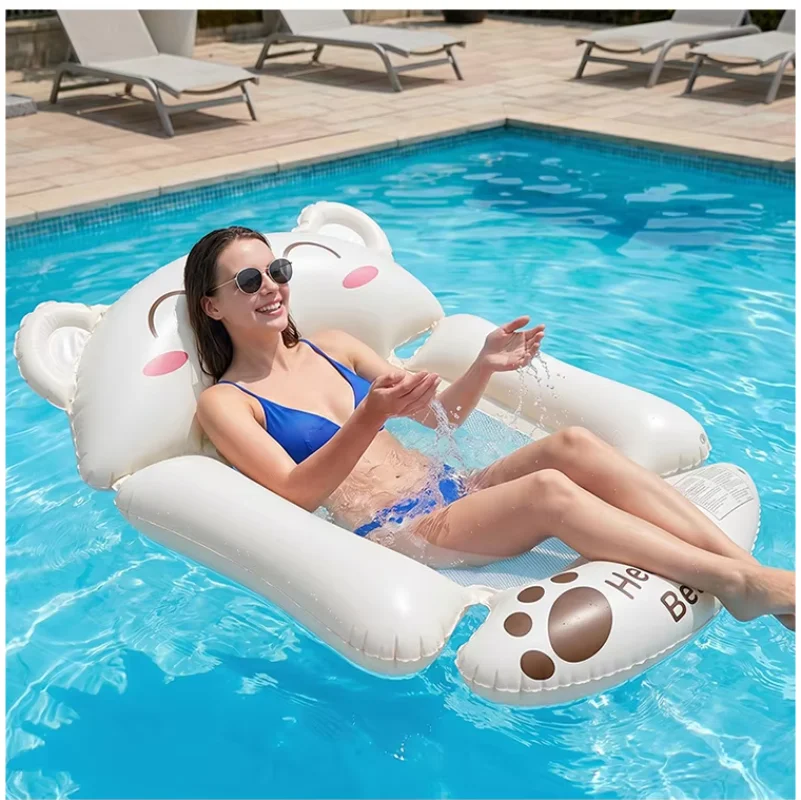 Nuevo 2026 Cama Flotante Grande de PVC Engrosado con Diseño de Oso de Dibujos Animados, Flotador Hinchable Individual para Entretenimiento en Piscina de Verano
