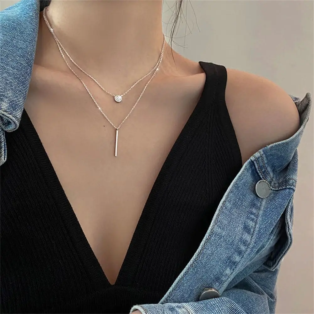 Silver Round Shiny Flash Diamond Rose gold Clavicle Chain 925 Sterling Silver Long Pendant Double Layer