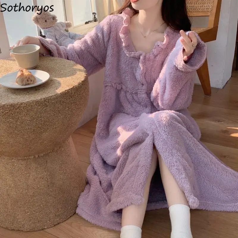 Robes Women Winter Plus-velvet Simple Warm Home Baggy Casual Sexy Temper Sleepwear Korean Style Classic All-match Daily Clothing