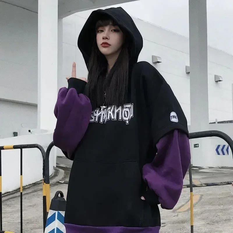 Spring Fleece Thickened Letter Hoodie Women's Gothic Hip-hop Street Korean Loose Fashion Casual Sweater Y2k Retro Men's Clothing
