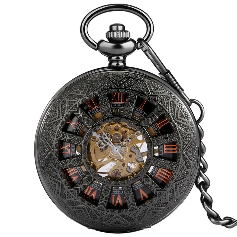 Steampunk Hollow Out Case Mens Black Mechanical Pocket Watch Handwinding Skeleton Clock with Roman Number Dial Pendant Chain