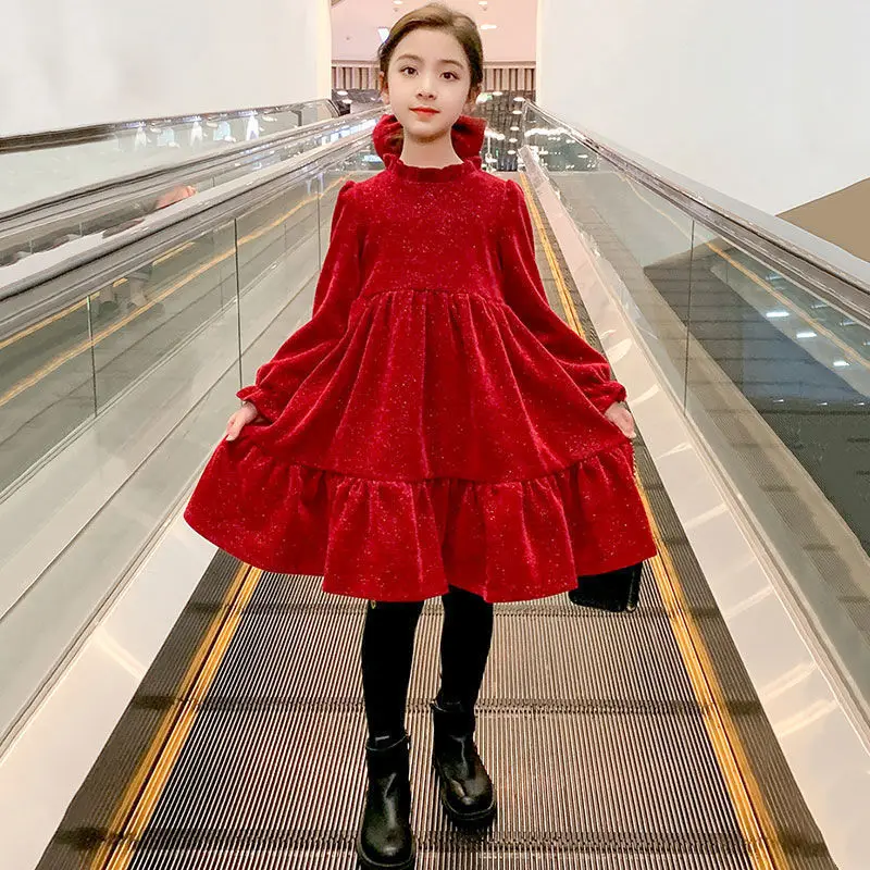 2023 autumn winter Kids Girls solid red glitter lace petal Princess layered Teens Dresses wool velvet Clothes New Year 4 12 year