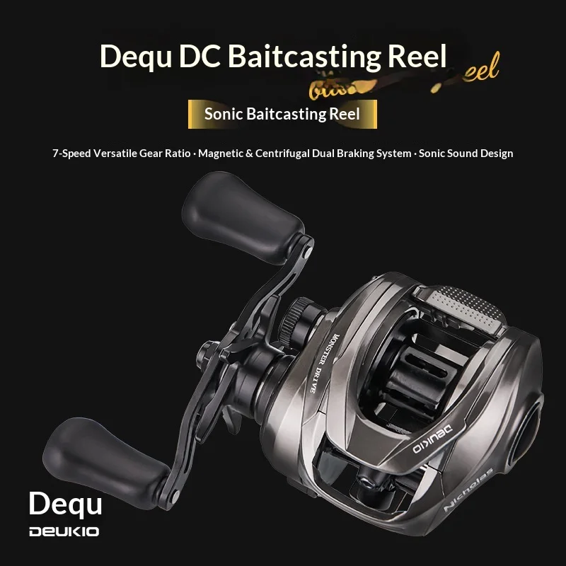 デクエイdcマイクロベイトキャストリール、キャスティングサウンド内蔵、デュアルブレーキ、ライン爆発防止、ユニバーサルフィッシングリール（ルアー用、ブラック）
