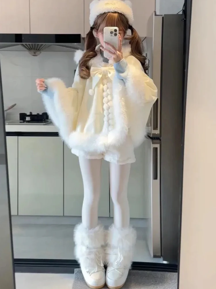 

Ele зимнее шерстяное пальто для женщин, мягкая милая девушка в стиле Лолиты, белый капюшон Ne Long Sve, теплая повседневная верхняя одежда