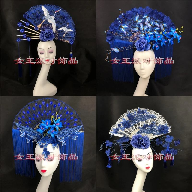 

Chinese style blue and white porcelain makeup bar performance headdress model catwalk stage cheongsam creative modeling