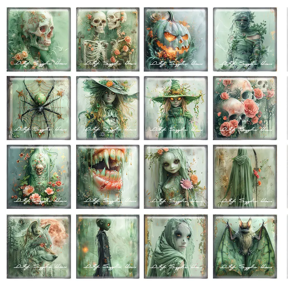 10pcs/lots Halloween Gothic Horror Green Skull Witch Square Photo Glass Cabochon Demo Flat Back Cameo For Diy Jewelry Making