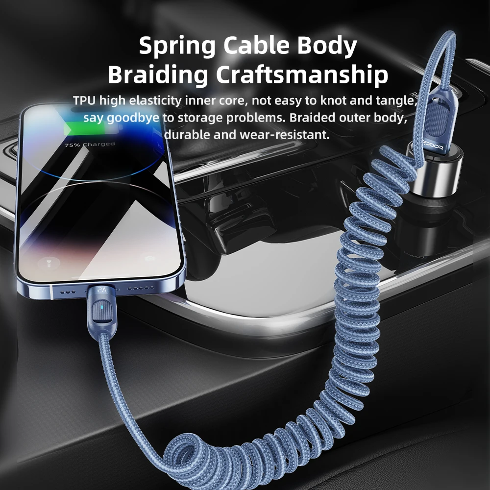 Toocki USB Cable for iPhone X XR AirPods 2.4A Fast Charging Charger Spring-Braided iP Cable for iPhone 14 Pro LED Lighting Cord