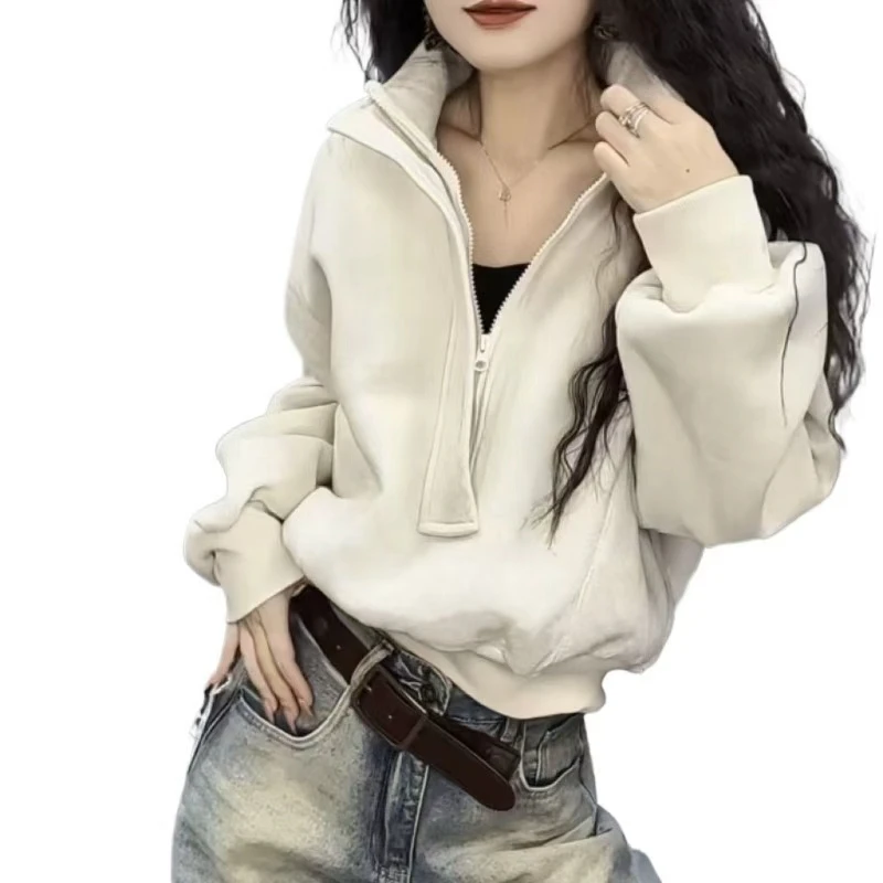 Suéter versátil de terciopelo de estilo extranjero de alta calidad con cremallera, cuello levantado americano, Top corto grueso holgado que cubre carne