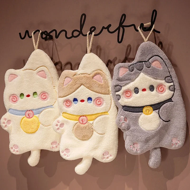 Cute Cat Hand Towel Quick Drying Kitchen Cleaning Rag Coral Velvet Cartoon Animal Absorbent Bathroom Hanging Towel Home Sspplies