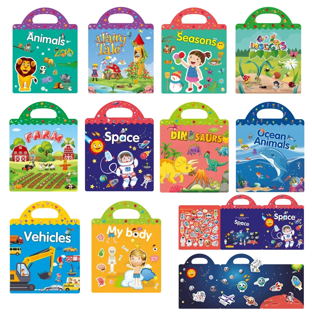 Reusable Cartoon Sticker Book for Kids Multiple Scenos DIY Puzzle Game Educational Learning Classic Toys for Child Age 2-4 Gifts
