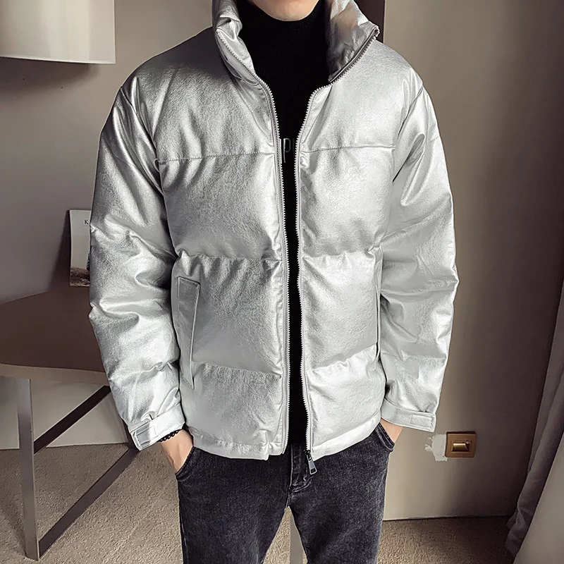 

2024 Men's Winter Fashion PU Leather Parka Jackets Male Stand Collar Cotton Padded Coats Men Solid Color Thicken Outerwear M111