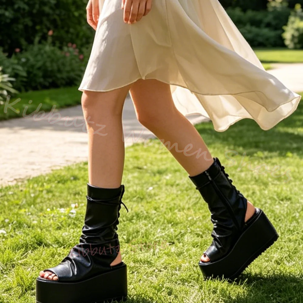 Lace-Up Thick Bottom Sandals Platform Ankle Boot Leather Round Toe Solid Color Goth Punk Style Elegant Concise Fashion Novelty - view 2