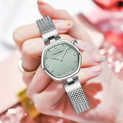 HANNAH MARTIN 1681 Stainless Steel Mesh Strap New Ultra Thin Luxury Waterproof Hexagonal Quartz Women's Watch Relogio Feminino