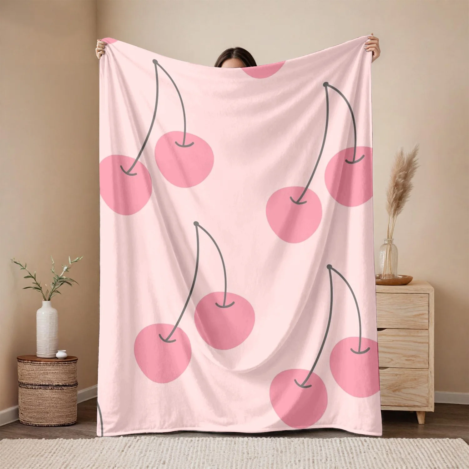 قطعة واحدة من بطانية الفانيلا المزهرة بالكرز الوردي - نمط وردي/أخضر، هدية للتخييم/ديكور المنزل لجميع المواسم للبالغين #1