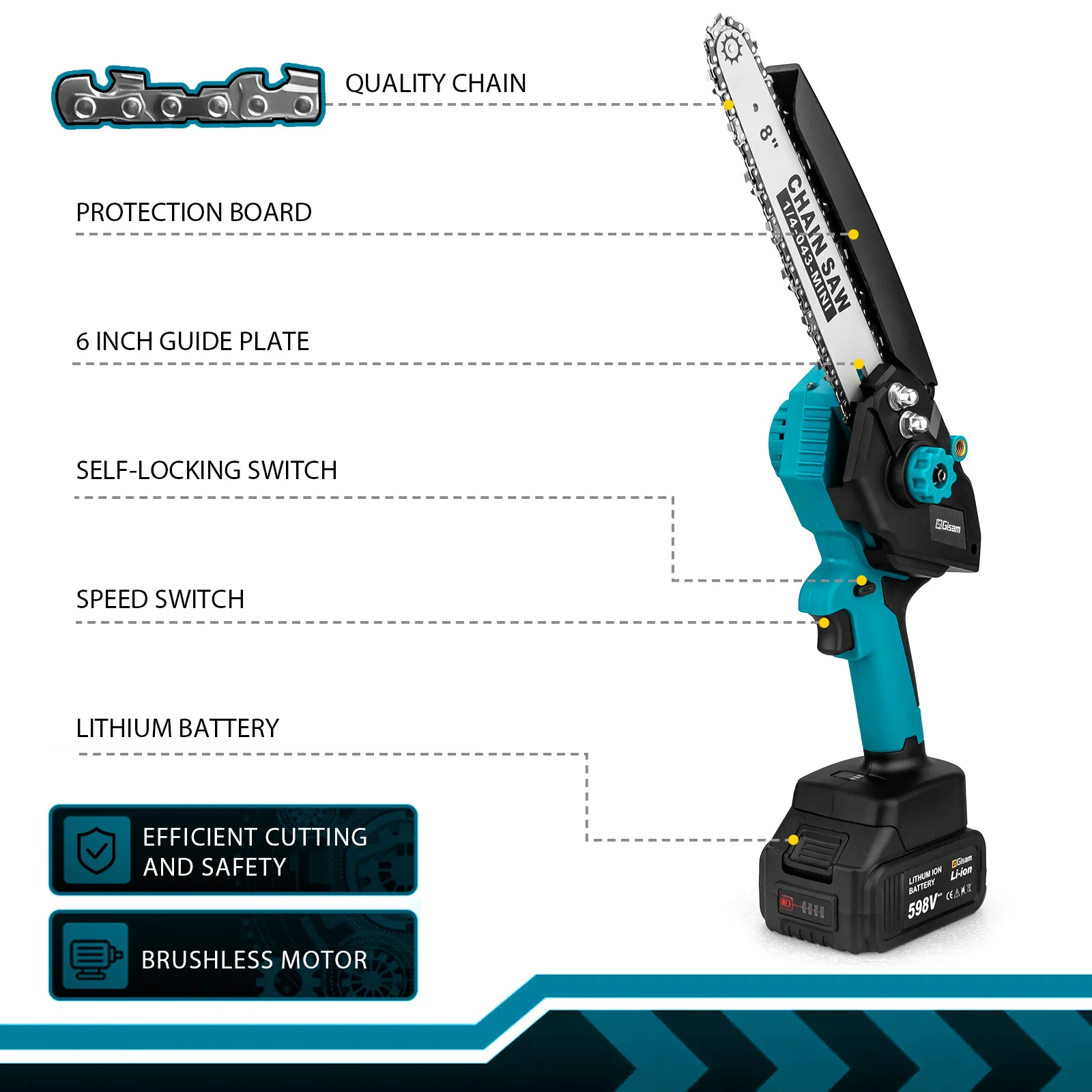 Cordless Electric Chainsaw Brushless Battery Chain Saw 8 INCH Saw Garden Branch Tree Logging Cutting Power Tool for Makita 18V