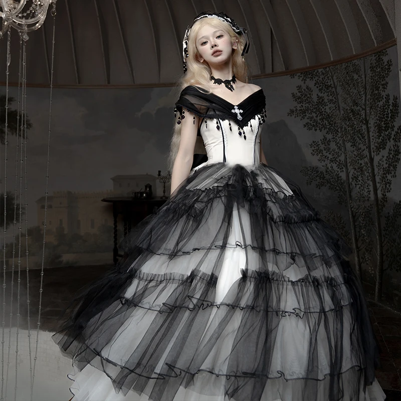 L-4XL Lolita Gothic Large Size Dream Black Gauze Cake Dress Temperament V-Neck Lace-up Tassel High Waist Elegant Long Dresses