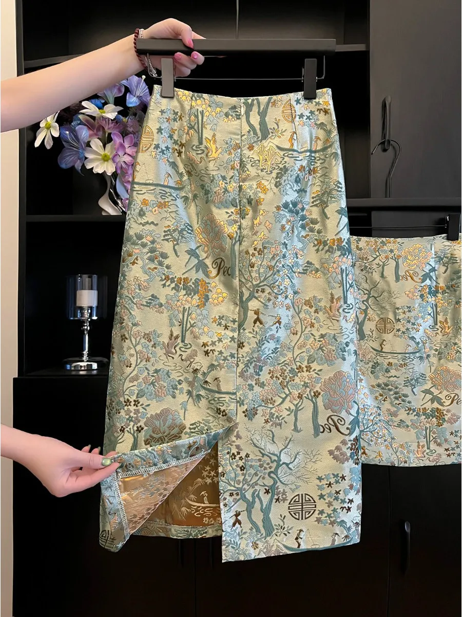 جديد الصينية Sle المطرزة الأزهار f تنورة المرأة أوائل الخريف الرجعية Faion با سبليت خطوة واحدة Bodycon ألف خط تنورة #2