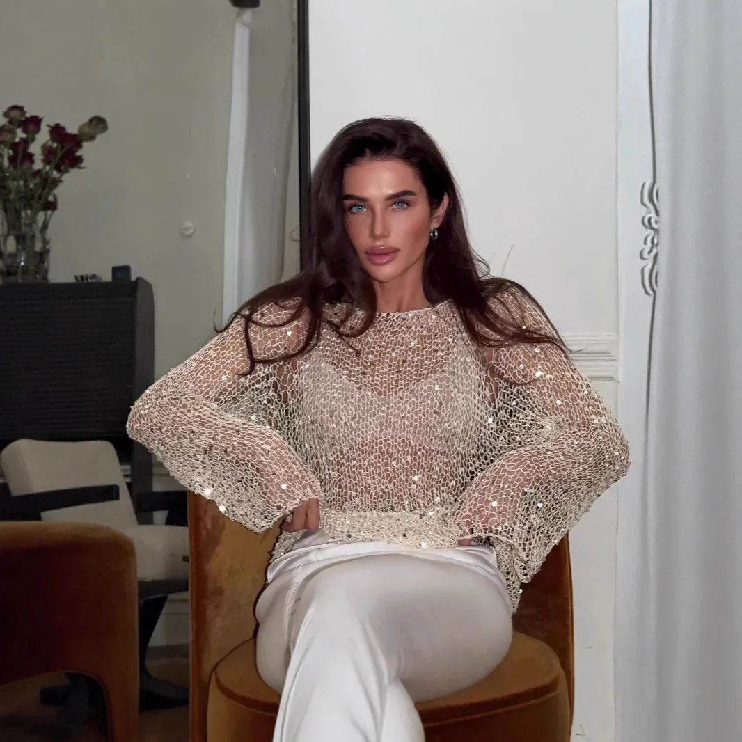 

2026 Women's Winter Sequined Knit Sweater Long Sleeve Women's T-Shirt Clothes Woman Clothing Top Women Basic All-Match Tops
