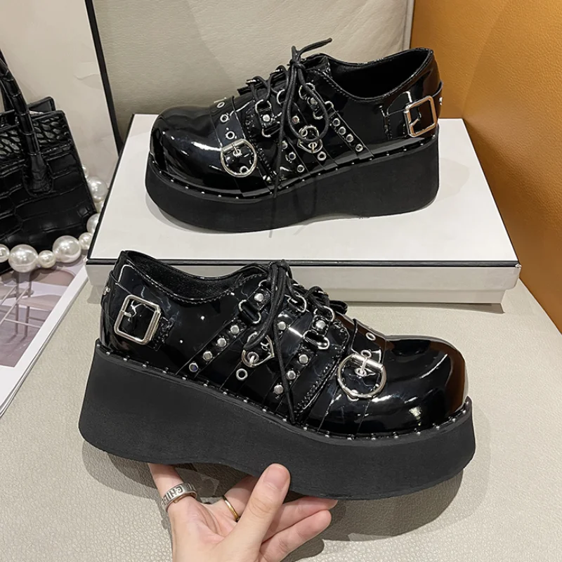 2024 New Rivet Chunky Platform Mary Janes Women Lace-Up Buckle Thick Bottom Flats Woman Japanese Style Punk Gothic Shoes Girls